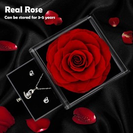 Preserved Real Rose Gifts for Women,Mum,Wife,Eternal Flowers Rose with Heart Pendant Necklace Earrings Set,Gifts for her on Birthday, Anniversary, Valentine's Day, Mother's Day, Christmas (Red)