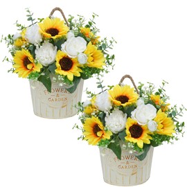 MHMJON 2Pcs Artificial Sunflowers with Wall Planter, Faux Silk Peony Hanging Planters for Indoor Plants Farmhouse Bedroom Kitchen Bathroom Spring Summer Home Decor