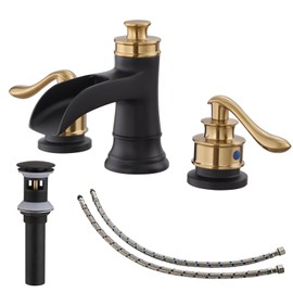 BATHLAVISH Widespread Bathroom Faucet Black Gold, Bathroom Faucet 3 Hole Waterfall, Bathroom Faucet for Sink 3 Hole, Farmhouse 2-Handle Vanity Lavatory with Pop Up Drain with Overflow Set