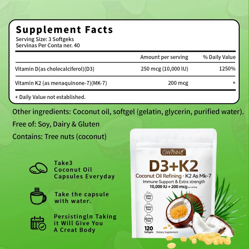 Gwynne Vitamina 000ui 200mcg 120cápsulas Aceite Coco Vírgenapoyo Óseo Inmunológico