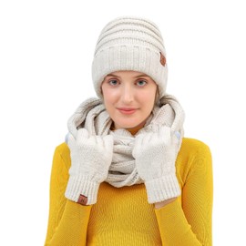 MAYLISACC - Gorros de invierno para mujer, 3 piezas, de punto grande, holgados, bufanda larga, guantes para visualización táctil, Blanco-3 piezas-(sombrero+bufanda+guantes), Talla única