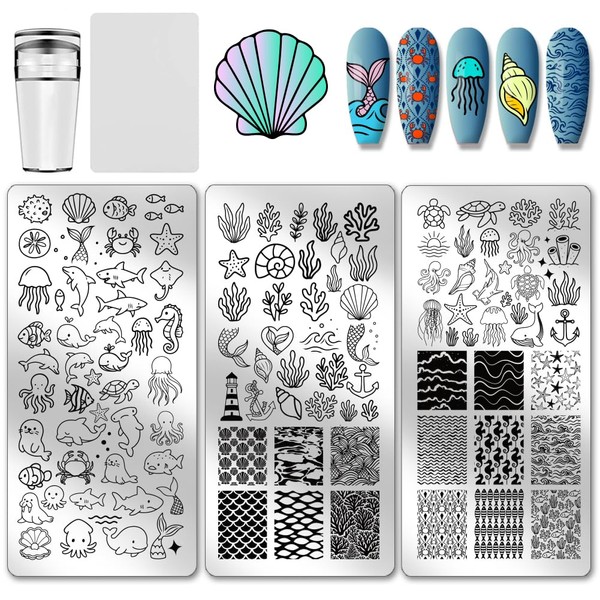 PH PandaHall 3 Pieces Summer Ocean Nail Stamping Plates Set,