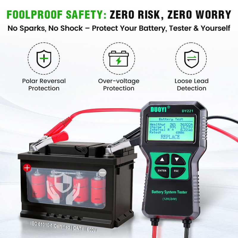 DUOYI DY221 Car Battery Tester, 12V 24V Digital Automotive Alternator