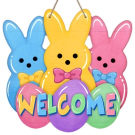 Deroro Welcome Easter Peeps Bunny Front Door Sign, Cute Rabbit Wood Door Hanger Outdoor Outside Porch Decor, Spring Easter Eggs Wooden Wreath Indoor Wall Hanging Decoration