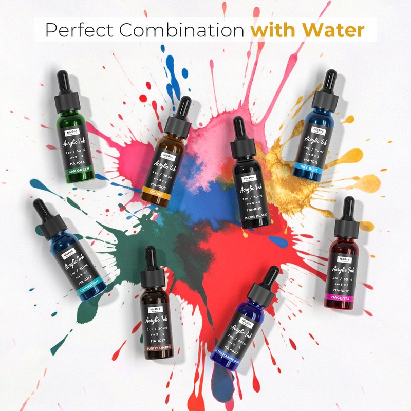Nicpro 18 Colors Acrylic Ink, 1-oz(30ml) Bottle with Dropper, Quick