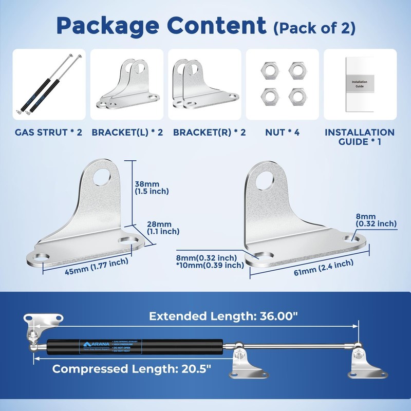 ARANA Gas Struts 36 inch 100lb with Brackets (2 Pack)