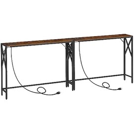 2 Pack Narrow Sofa Table with Charging Station, 39.4" L x 5.9" W x 29" H, Skinny Console Table, Long Entryway Hallway Couch Table with Power Outlets, Rustic Brown CTHR151E01S2