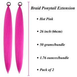 Hot Pink Braid Ponytail Extensions with Elastic Tie Synthetic Colorful Braiding Hair Extension for Braids Fashion Festival Rave Hair for Girls (Pack of 2)