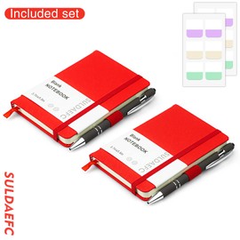 SULDAEFC 2 Pack Pocket Notebook/Notepad with 2 Black Pens, 3.7”x5.5”, Small Hardcover Blank Journals with Pen Holder and Inner Pockets - Red