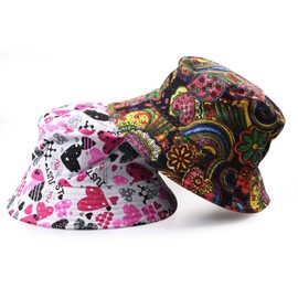 ThinkTop 2Pcs Unisex Reversible Bucket Hat, Foldable Beach Sun Fisherman Hats, Outdoor Travel Holidays Cap, Satin Lined Printed Pattern Cotton Bucket Hat Multicoloured