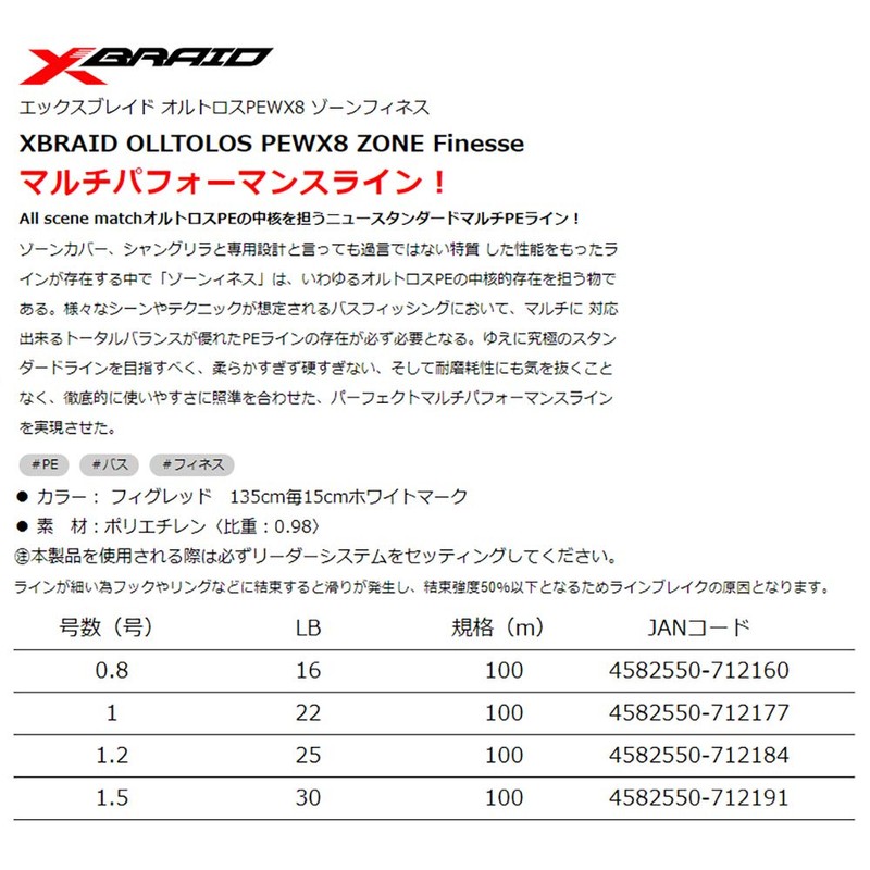 X-Braid Orthoss PEWX8 Zone Finesse 100m No. 1.5 30lb