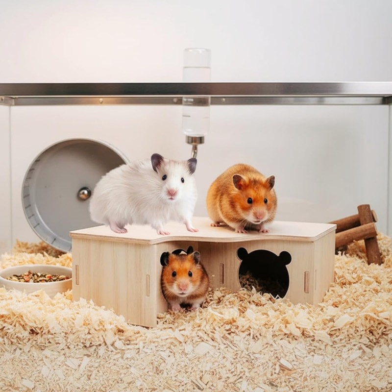 Zpeiran Wooden Hamster House,3 Chamber Hamster Hideout Cage Hamster Hide