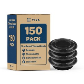 TIYA Food Containers – 32 oz Bulk 150 Pack with Lids – Plastic To-Go Round Bowls – Reusable, Microwavable, Dishwasher Safe – Leak-Proof, Great for Meal Prep – BPA-Free