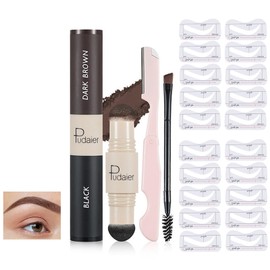 Holzsammlung Eyebrow Stamp Stencil, 2 Colours in 1 Eyebrow Powder Stamp, with 10 Stencils, Eyebrow Brush and Eyebrow Trimmer (Black and Dark Brown)