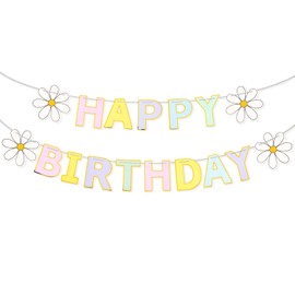 JIYIN Daisy Flower Happy Birthday Banner, Boho Daisy Pastel Happy Birthday Banner, Colorful Rainbow Groovy Party Banners Decorations, Glitter Birth Day Party Garland Decor