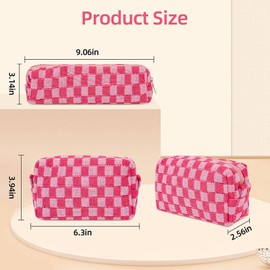 2Pcs Checkered Makeup Bag Knitted Cosmetic Bag,Large Capacity Makeup Bag and 1Pc Pencil Case Makeup Brush Storage Bag Knitted Toiletry Bag,Knitted Pencil Pen Case Storage Bag Large Knitted Purse,Pink