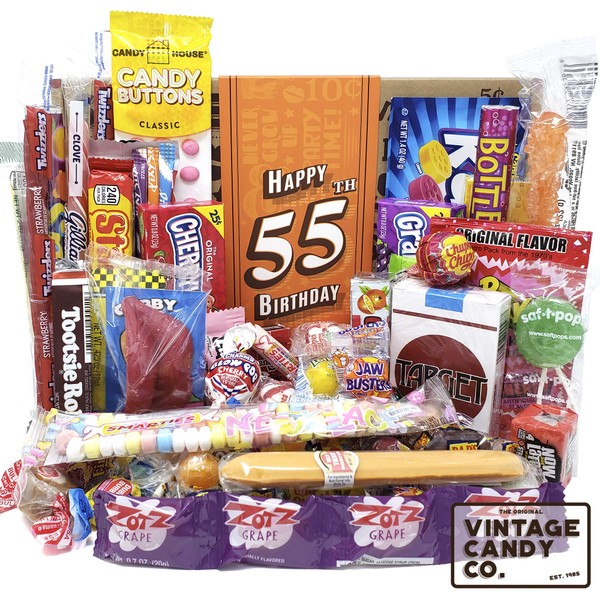 VINTAGE CANDY CO. 55TH BIRTHDAY RETRO CANDY GIFT BOX - 1967 Decade Childhood Nostalgic Candies - Fun Funny Gag Gift Basket - Milestone 55 Birthday PERFECT For FIFTY FIVE Years Old Man | Woman