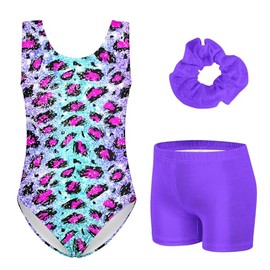 Vogseek Gymnastics Leotard for Girls Glitter Gym Outfit 3D Printed Classic Leopard Gymnastics Equipment Quick Dry Fine Flash Purple Activewear with Scrunchie for 10 11 12 Years
