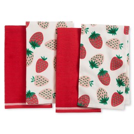 Sur La Table Kitchen Essentials Quirky Strawberries Fruit Kitchen Towel 4-Pack Set, Absorbent 100% Cotton, Pink/Green/Cream, 16"x28"