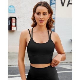 XUNYU - brasier deportivo largo para mujer, acolchado con espalda abierta, parte superior de entrenamiento, brasier integrado, tirantes delgados y yoga, brasier deportivo negro, XL