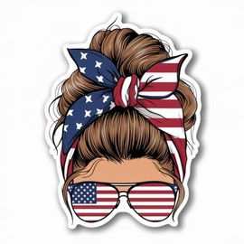 Patriotic Messy Bun USA Flag Woman Sticker Car Decals Stickers 5 Inch Funny Bumper Stickers for Cars Cute Laptop Sticker.