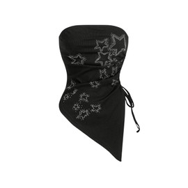 GORGLITTER Women's Y2k Goth Rhinestone Star Top Gothic Ruched Asymmetrical Hem Strapless Bandeau Tops Black Medium