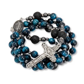 Nazareth Store Blue Tiger's Eye Rosary Beads for Men, Catholic Rosary Necklace with Lava Mystery Beads St. Benedict Medal & Cross, Strong Rosary Cross Necklace in Portable Gift Box