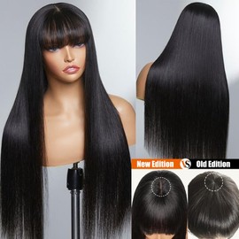 Straight Human Hair Wigs with Bangs for Black Women 2x1 Straight Wig with Fringe Ready to Go Glueless Wig 16Inch