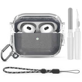【2 Secure Lock】 Flower Engraved Case for Airpod 3rd Gen, Clear PC Hard Shell+ Soft Silicone Violet Engraved Liner for AirPods 3rd Generation Case with Cleaner Kit&Keychain&Lanyard (Black)