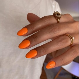 Orange Press on Nails Short Oval Acrylic Nails Press on, Solid Color Medium Short Oval Fake Nails for Women Reusable Thick Round Nails Glue on, Medium Almond Nails Soft Gel False Nails 24Pcs