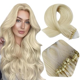 Full Shine Micro Ring Bonded Hair Extensions with Transparent Fish Line Color 60 Platinum Blonde Hair Extensions for Women 14 Inch Microbeads Linked