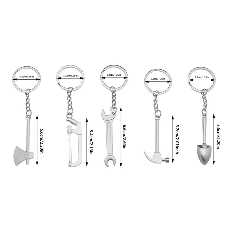 5Pcs Simulation Tool Keychain Simulation Wrench Key Rings Metal Shovel