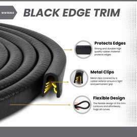 Edge Trim Black Fits 1/5 Inch (4.9mm), Leg 0.65 Inch (16.6mm), Length 15 Feet (4.6Meter) - Protective Edging Strip for Car Door Seal & Boat