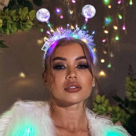 DRESBE Light Up Disco Ball Headbands Silver LED Headband Glow Party Hair Accessories for Women(2pcs)