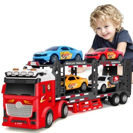 Toddler Boy Toys for 3 4 5 6 7 Years Kids, 21" Double Layer Race Truck Toy with 4 Racing Cars, Friction Powered Vehical Toys with Lights and Sounds, Birthday for Boy Girls-Red