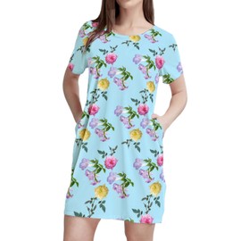 MAKABO Women's House Dress with Pockets Soft Short Sleeve Casual Blue Floral Print Moomoo Nightgowns for Women