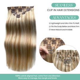 Seamless Clip in Hair Extensions Human Hair, Caramel Blonde Balayage Blonde Hair Extensions Real Human Hair Clip in Extensions, 7pcs 100G 16 Inch Clip in Hair Extensions Real Human Hair for Women