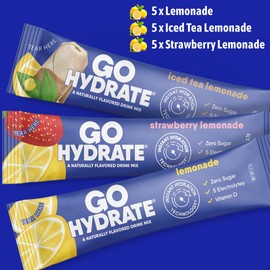 GoHydrate Low Sodium Electrolytes Powder Packets Sugar Free - Instant Hydration Daily Drink Mix - Zero Sugar Water Flavor Packet Singles with Vitamin D - (Lemonade Mixed, 15 Packs)