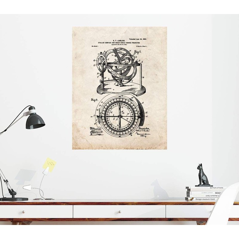 Stellar Compass And Great-circle-course Projector Patent Print Old Look (5"