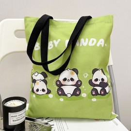 Panda and Flower Canvas Eco Tote Bag - Crossbody Shoulder Bag for Students One Size / Green Panda (35*40) - Cotton 55% + Polyester 45% 10ea