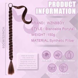 WZNBBOY Long Braided Ponytail Extensions with Elastic Hair Tie Straight Wrap with Braid Pony Tails Hair Pieces Natural Soft Synthetic Ponytail Hair Extensions for Women（Dark Brown）