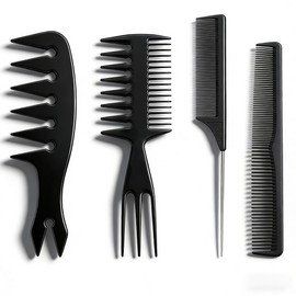TANGRUL Men's Combs, 4 Piece Set, Hair Comb, Mesh Comb, Coarse, Anti-Static, Styling Comb, Barber Comb, Pomade Comb, Hairdressers, Barbers, Home Use, Unisex, Black