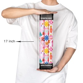 MAYPLUSS Pink Christmas Wrapping Paper - Mini Roll - 17in x 120 in Per roll - Pink White Snowfakes, Unicorn,Bell for Xmas Gift Wrap Retro Christmas Ornaments,for Holiday, New Year (46.8sq.ft)