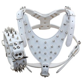 Bbmmayy Dog Harness, Large Breed Spikes Studded Leather Dog Harness Vest with Dog Collar Set for Pitbull Mastiff Husky Boxer (White, XL)