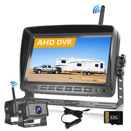 Hodozzy Digital Wireless Reversing Camera -7 Inch IPS Monitor AHD 2 Cameras Video Recording with SD Card, Front/Backup Camera Waterproof Night Vision Wireless Reverse Camera 12V-36V for Car