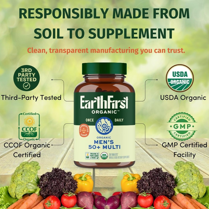 EarthFirst Organic Once Daily Multivitamin for Men 50+, 19 Vitamins