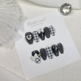 Black lovely hound check handmade nail tip - Short Square / 블랙 러블리 하운드체크 수제네일팁 - 숏스퀘어