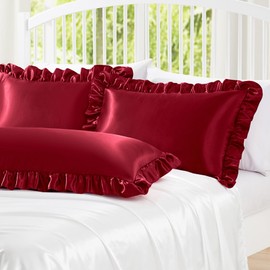 Homiest Ruffle Satin Body Pillow Cover, Silky Satin Body Pillowcase with Envelope Closure, Luxury & Ultra Soft Long Pillow Cases for Hair and Skin, Ruffled Long Pillow Shams (Burgundy)