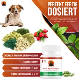 Vitalpfoten 75 Multi Algenkomplex Kapseln für Hunde und Katzen mit Chlorella, Spirulina, Grünlippmuschel, Eisen, Vitamin C & Vitamin B nutrikomplex für mehr Energie & Nerven, auch für ältere Tiere