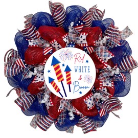 Patriotic Welcome Wreath Red White & Boom with Firecrackers Handmade Deco Mesh Available in 24 inch and 28 inch diameters High Quality